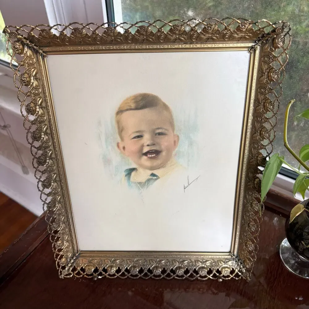 Vintage Signed Baby Portrait Drawing in Gold Tone Rose Filigree Frame